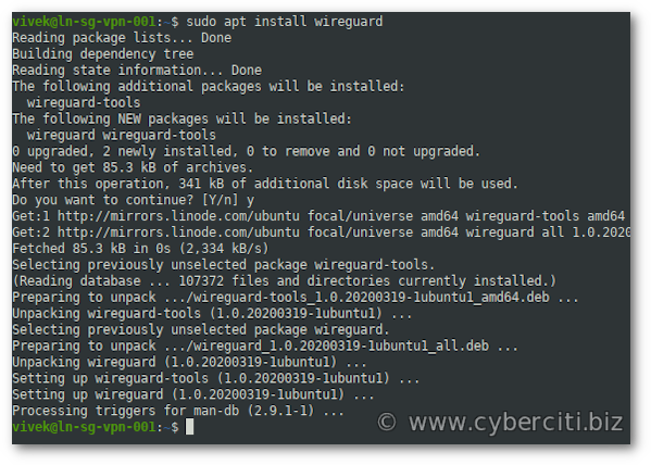 Ubuntu 20.4 LTS instala WireGuard usando el comando apt get