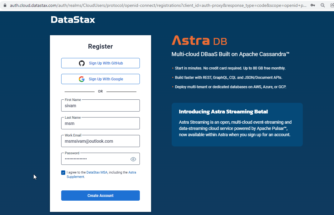 Registro de Astra DB