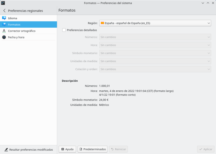 Configure el formato de país en KDE Plasma.