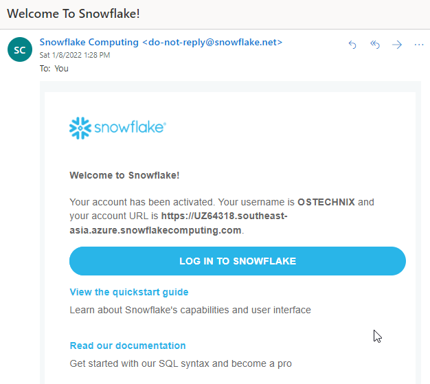 Correo electrónico de confirmación de la cuenta de Snowflake
