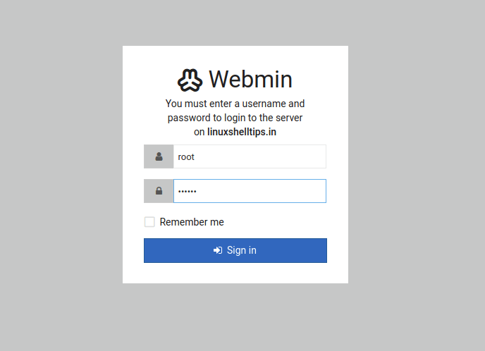Inicio de sesión de administrador de Webmin