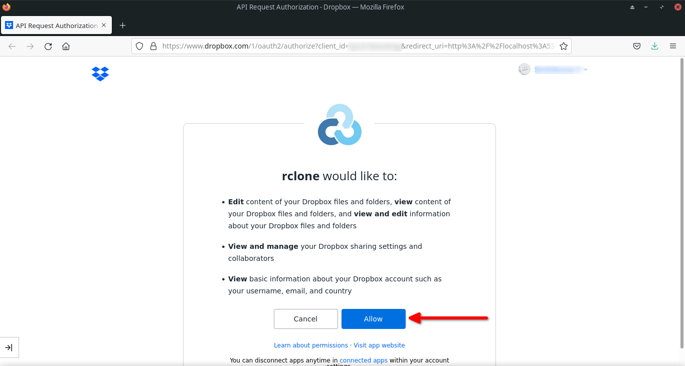 Autorizar a Rclone para acceder a Dropbox
