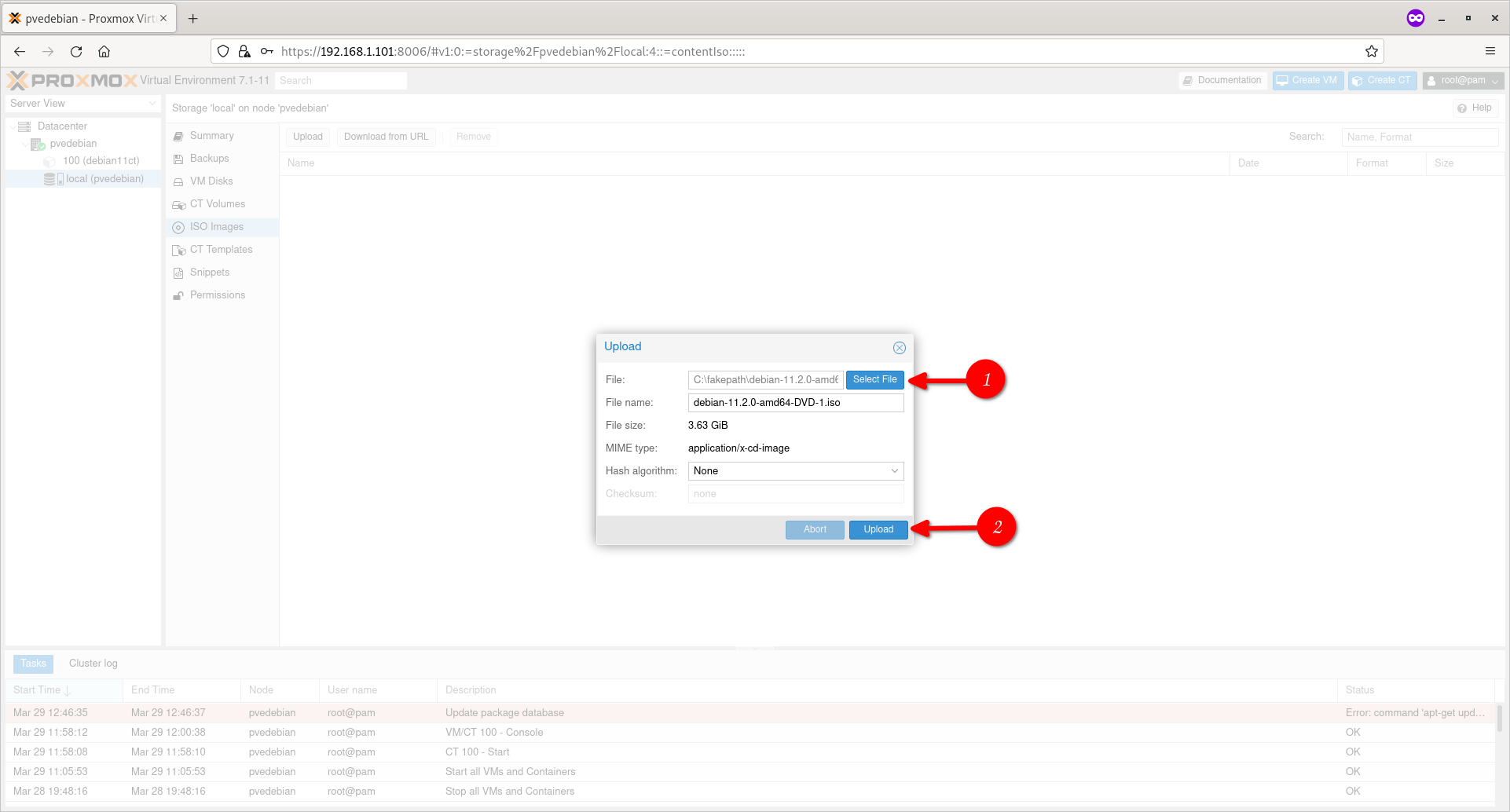 Cargue el archivo ISO en el almacenamiento de Proxmox