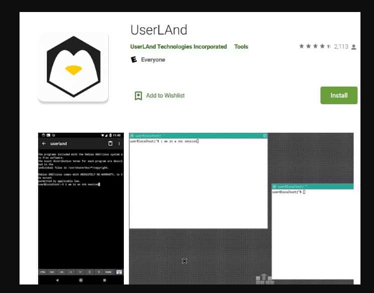 Aplicación UserLand para Android