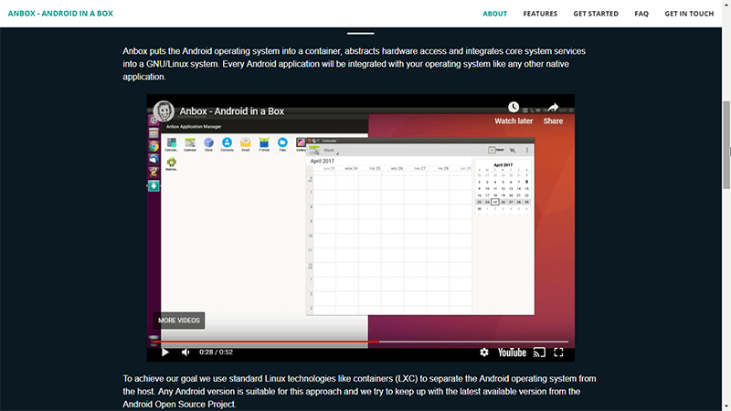 Pantalla de presentación del sitio web de Linux Android Emulation Anbox
