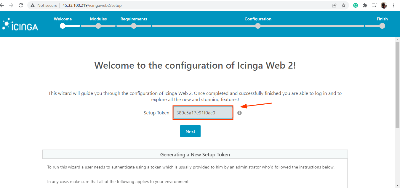 Token de configuración para Icinga