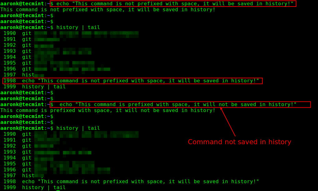 No guarde el comando de Linux en el historial