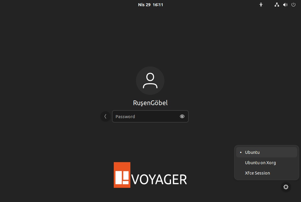 Voyager 22.04 LTS Edition Explorer, pantalla de inicio de sesión
