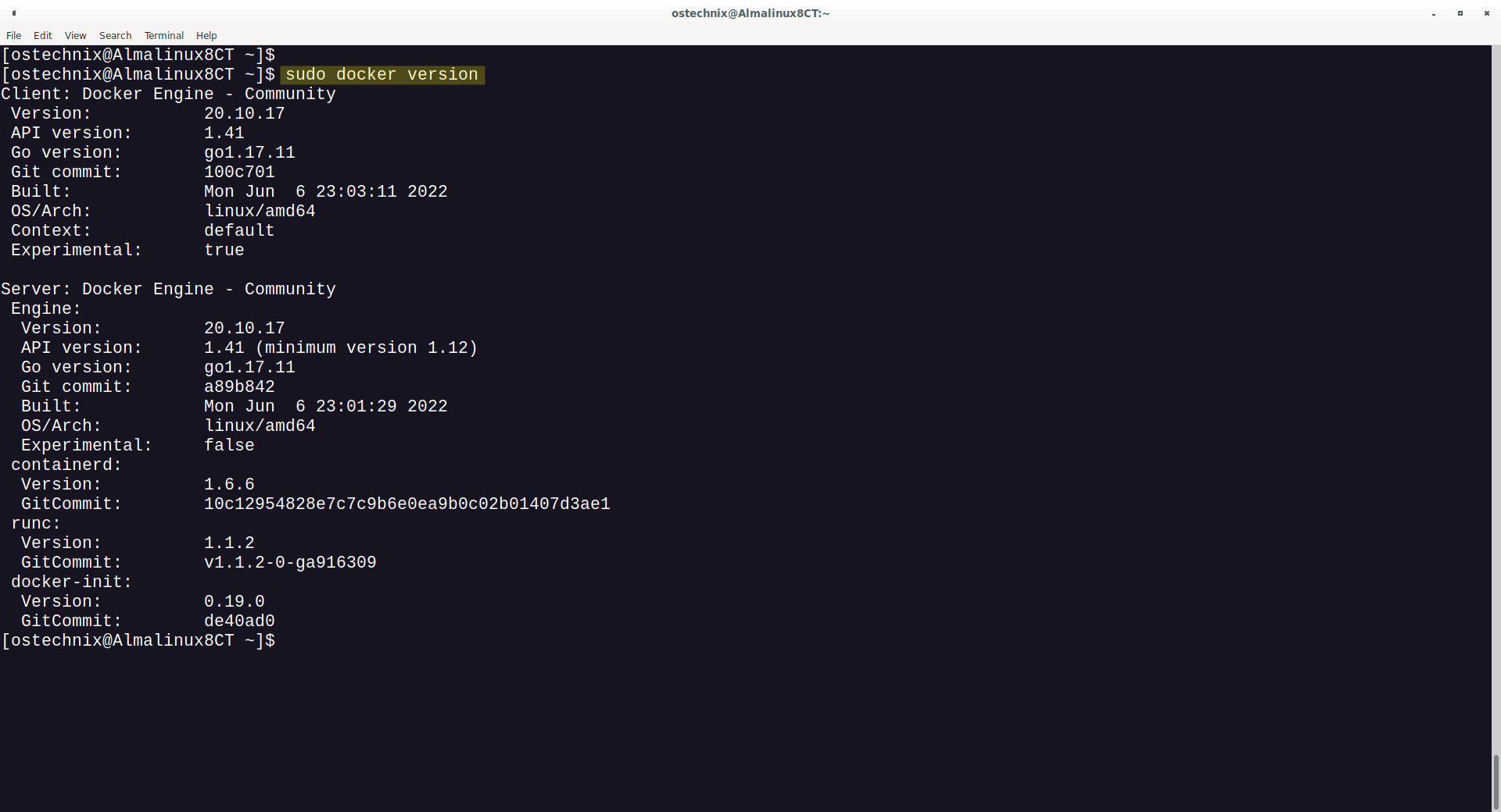 Comprobar la versión de Docker en AlmaLinux Comprobar la versión de Docker en AlmaLinux