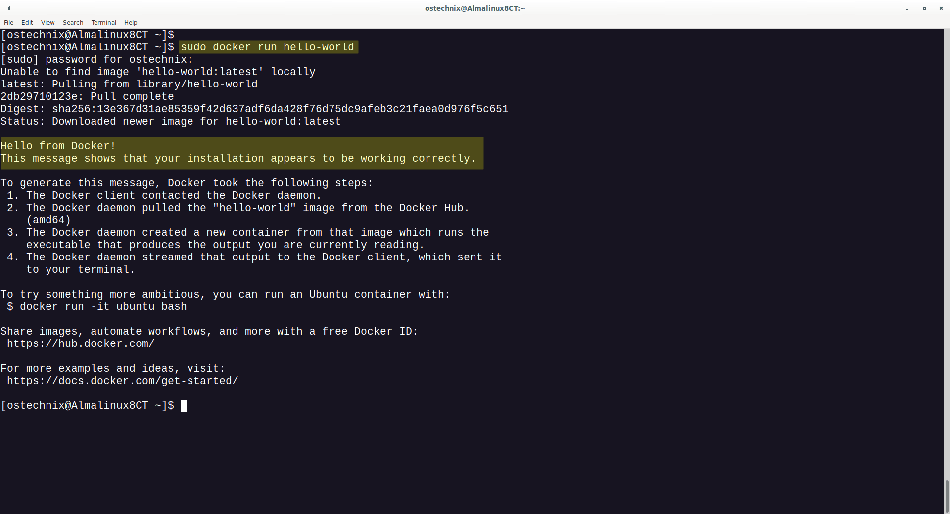 Ejecución del contenedor Docker Hello World en AlmaLinux