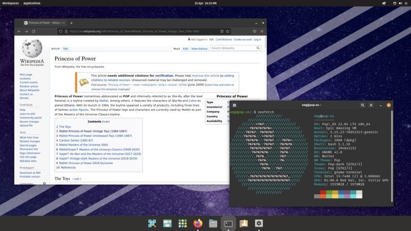 una captura de pantalla de escritorio de pop os 22.04 lts
