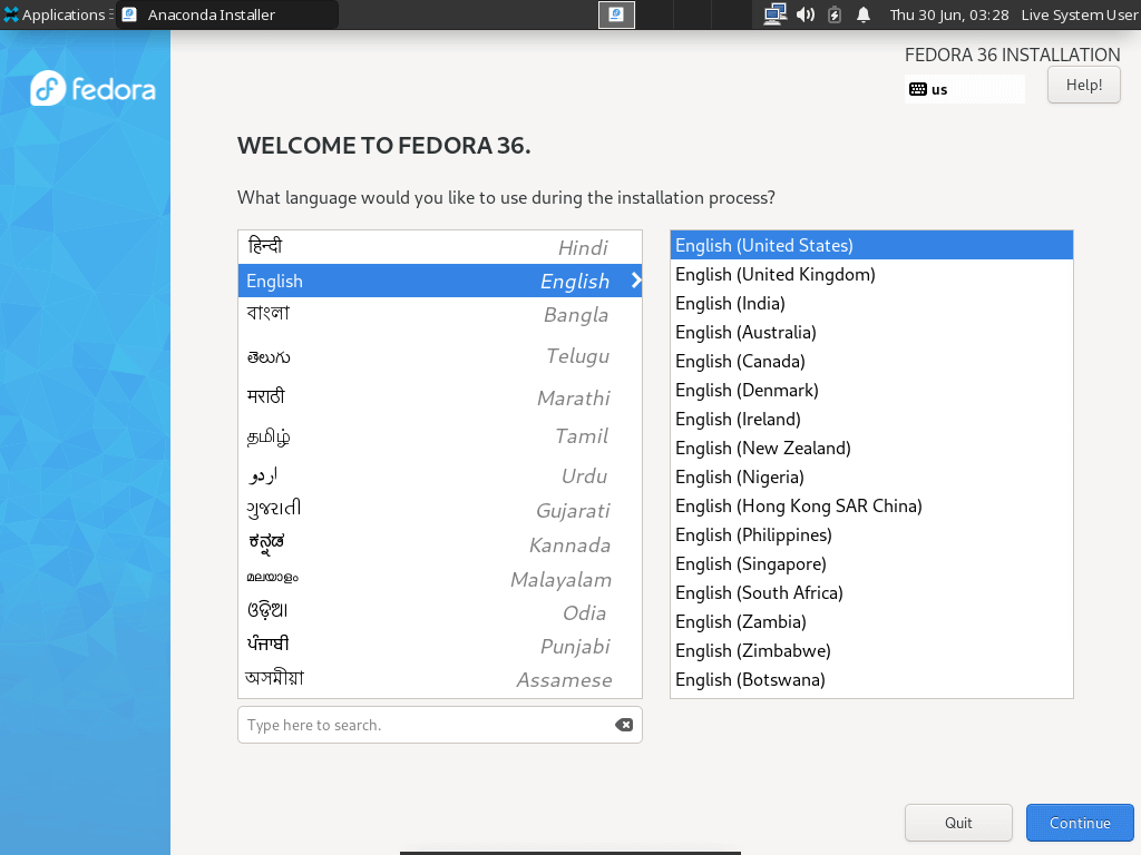 Seleccione el idioma de instalación de Fedora