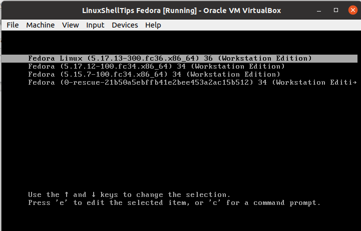 Menú de arranque de Fedora Grub