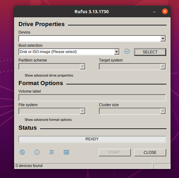 Programa Rufus ejecutándose en Ubuntu