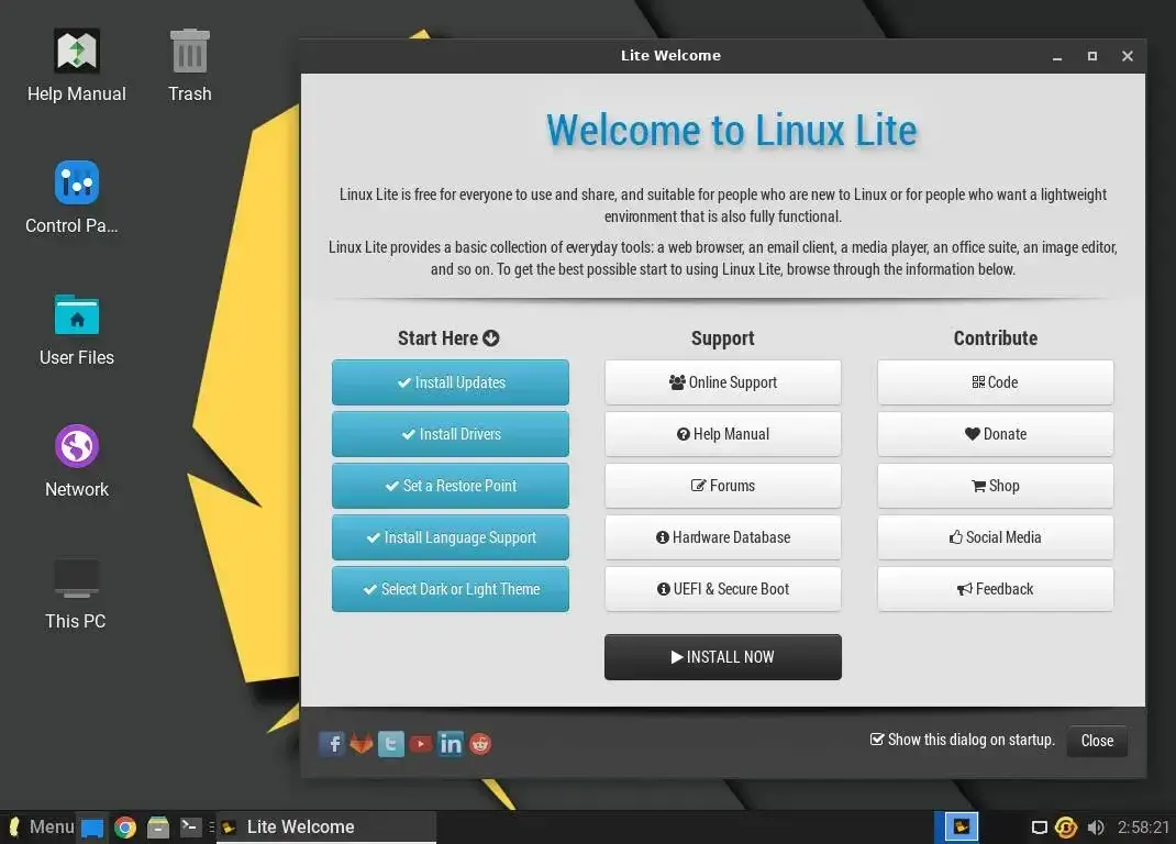Pantalla de bienvenida de Linux Lite