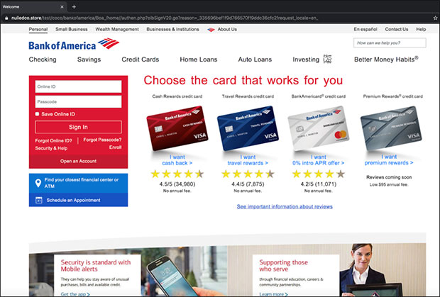 El sitio de phishing de credenciales se parece a la página de inicio de Bank of America