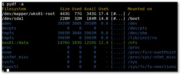 pydf: herramienta de Linux para ver el uso del espacio en disco de los sistemas de archivos de colores