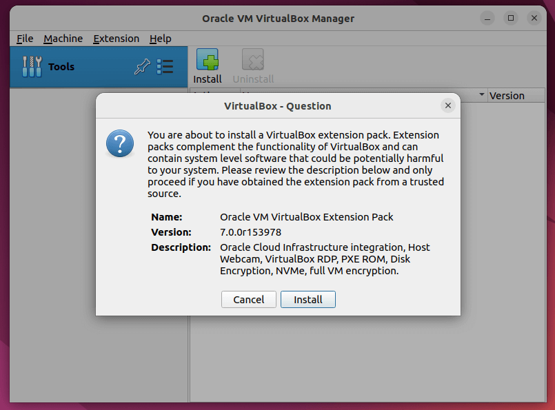Instale el paquete de extensión VirtualBox en el sistema Debian