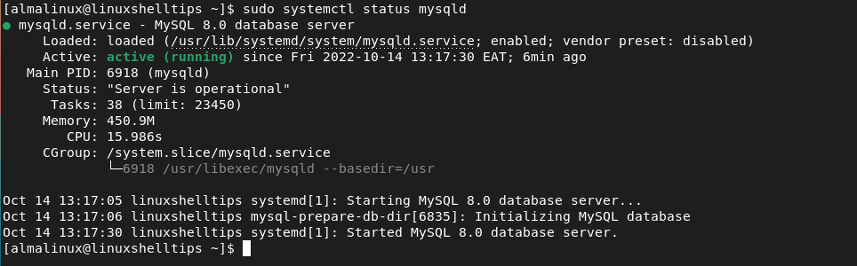 Comprobar el estado de MySQL en AlmaLinux