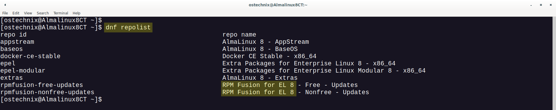 Lista de repositorios instalados en RHEL, CentOS, AlmaLinux, Rocky Linux