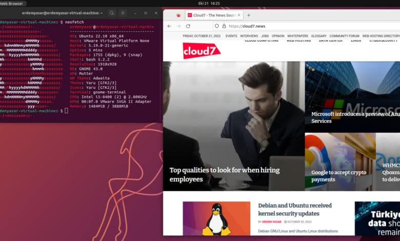 Capturas de pantalla de Ubuntu 22.10 Kinetic Kudu: terminal y navegador web