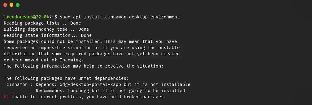 Instalación del escritorio Linux Mint Cinnamon en Ubuntu: se produjo un error al instalar el entorno de escritorio Cinammon