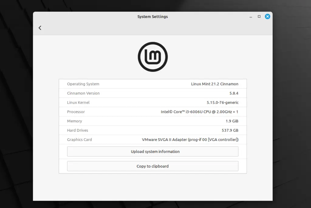 Información actualizada del sistema Linux Mint