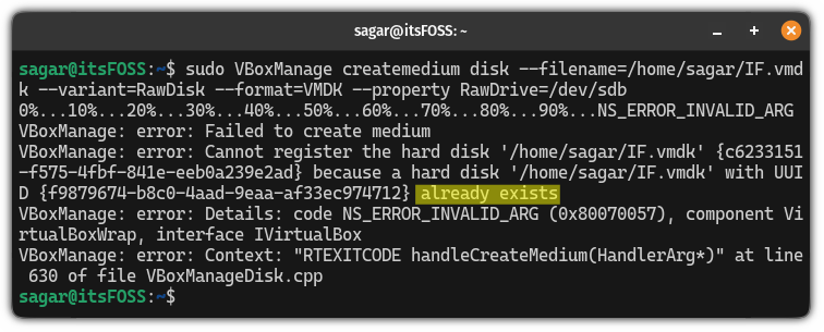 No se puede crear el archivo vmdk en Linux, el archivo ya existe