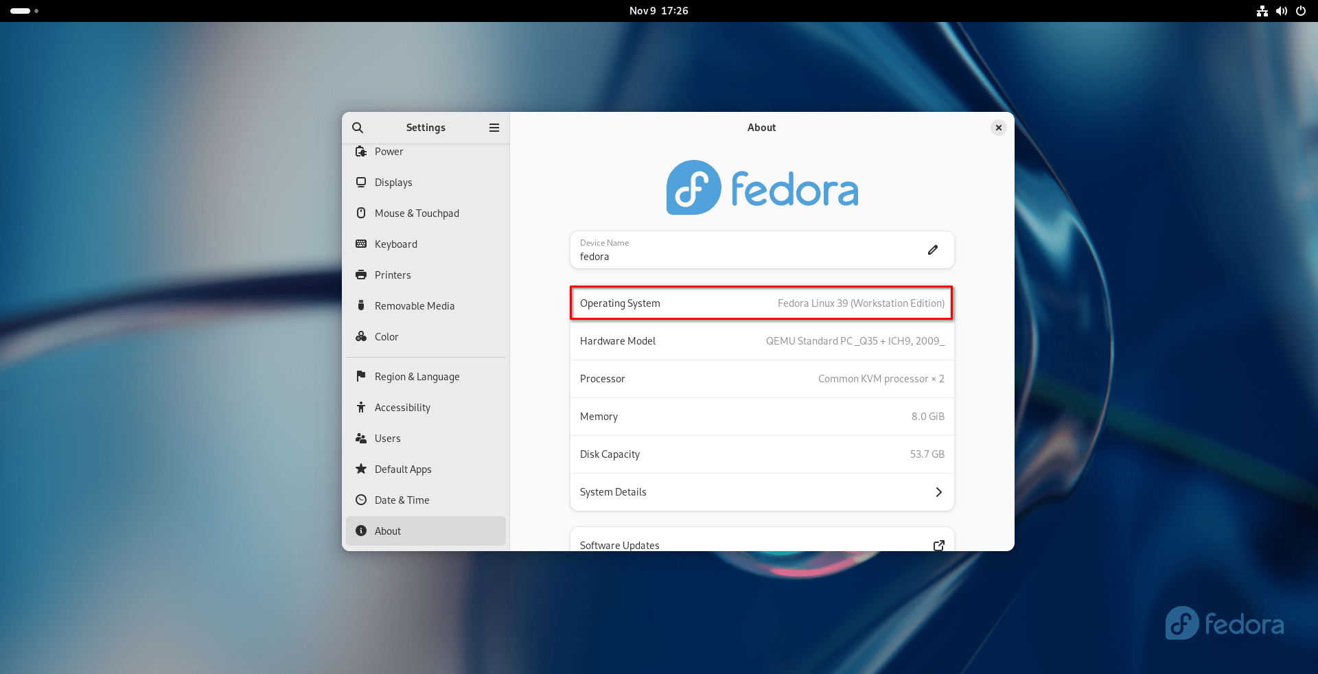 Verifique la versión de Fedora en la sección Configuración del sistema