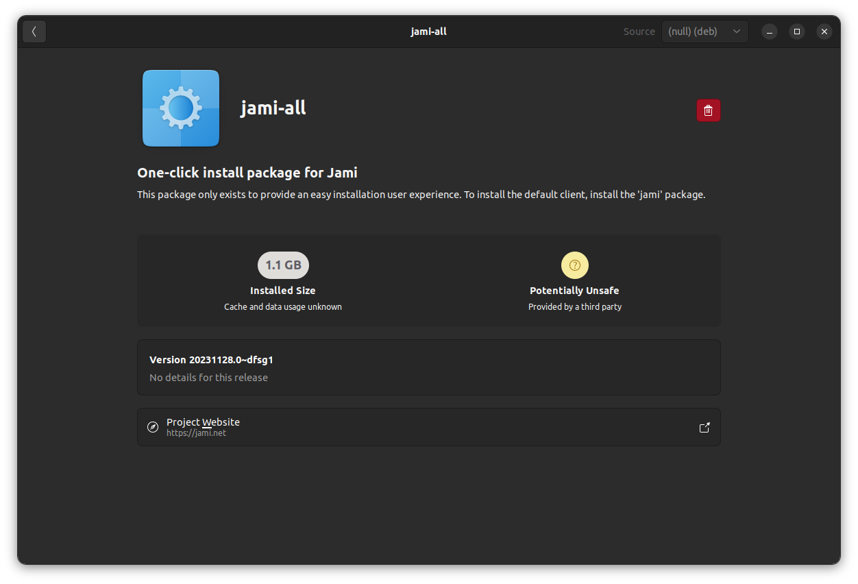 Captura de pantalla de la instalación de jami en ubuntu usando el paquete deb