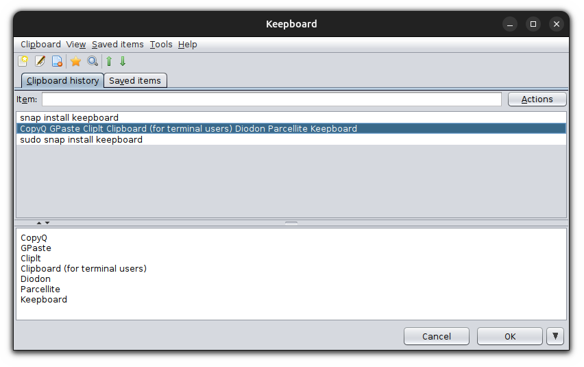     Administrador de portapapeles Keepboard en Linux