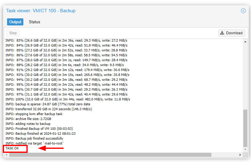 Copia de seguridad de Proxmox VM completada