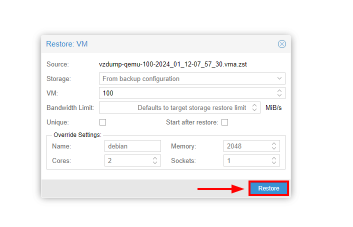 Restaurar la máquina virtual Proxmox