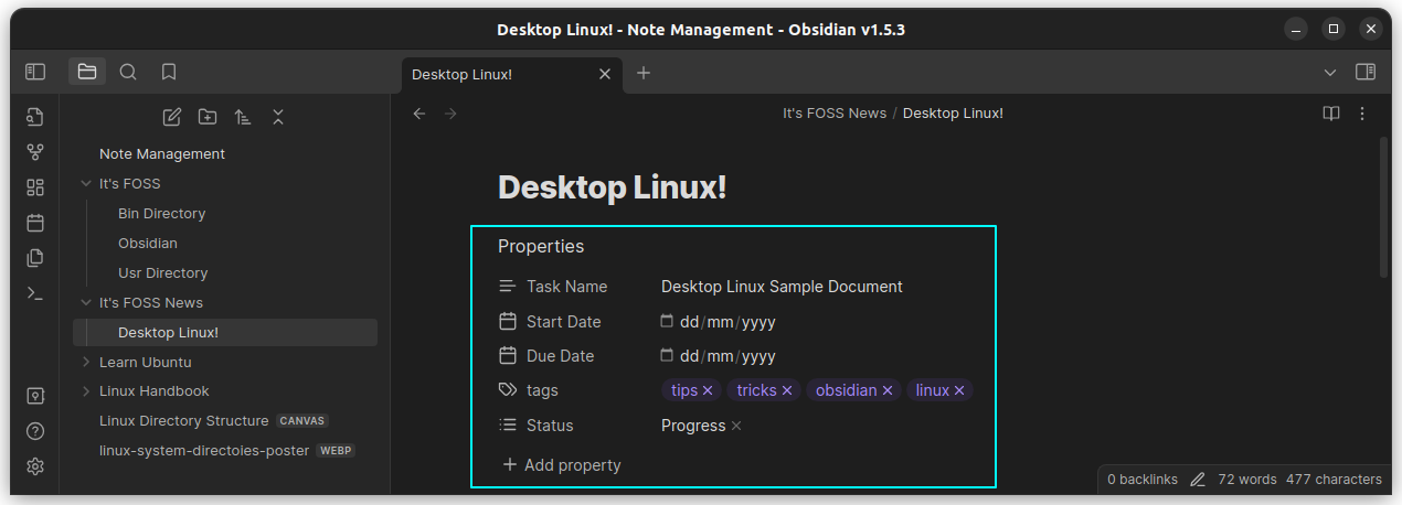 Se han agregado propiedades de archivo a Obsidian Notes