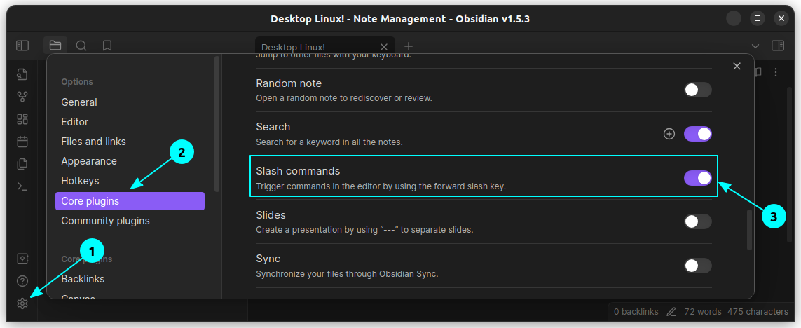 En la configuración del complemento principal, habilite la función de comando de barra diagonal, que le permitirá hacer que los bloques de Markdown estén disponibles durante la edición.