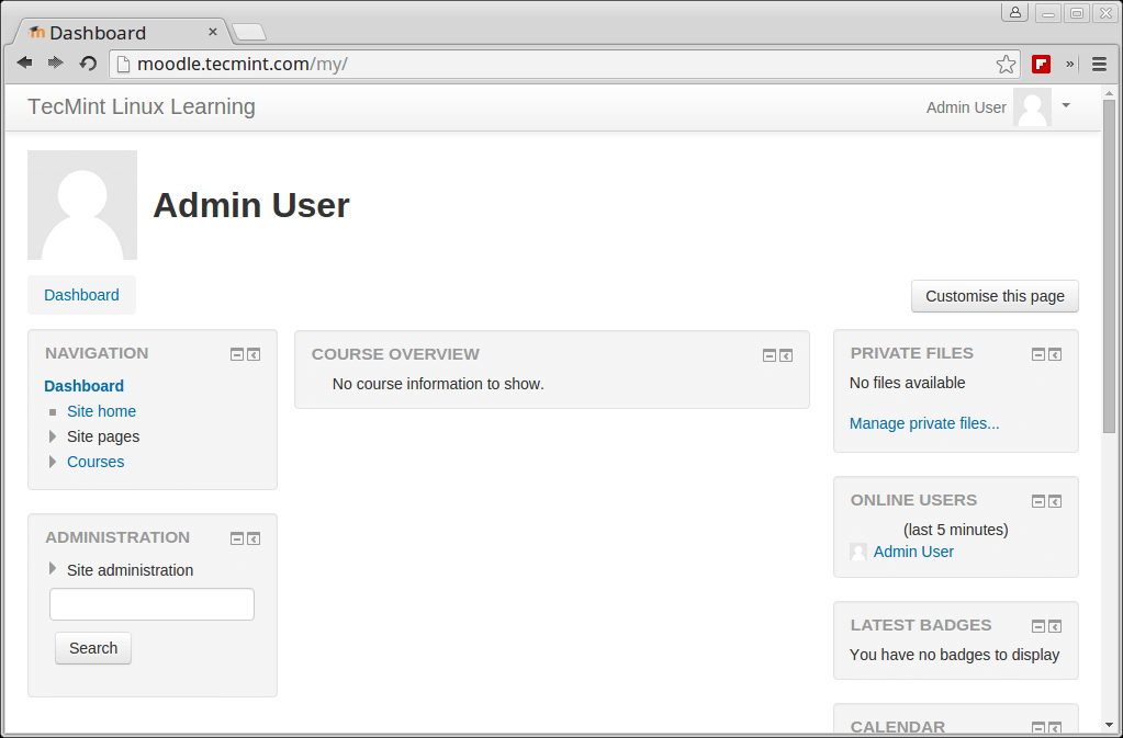 Panel de administración de Moodle