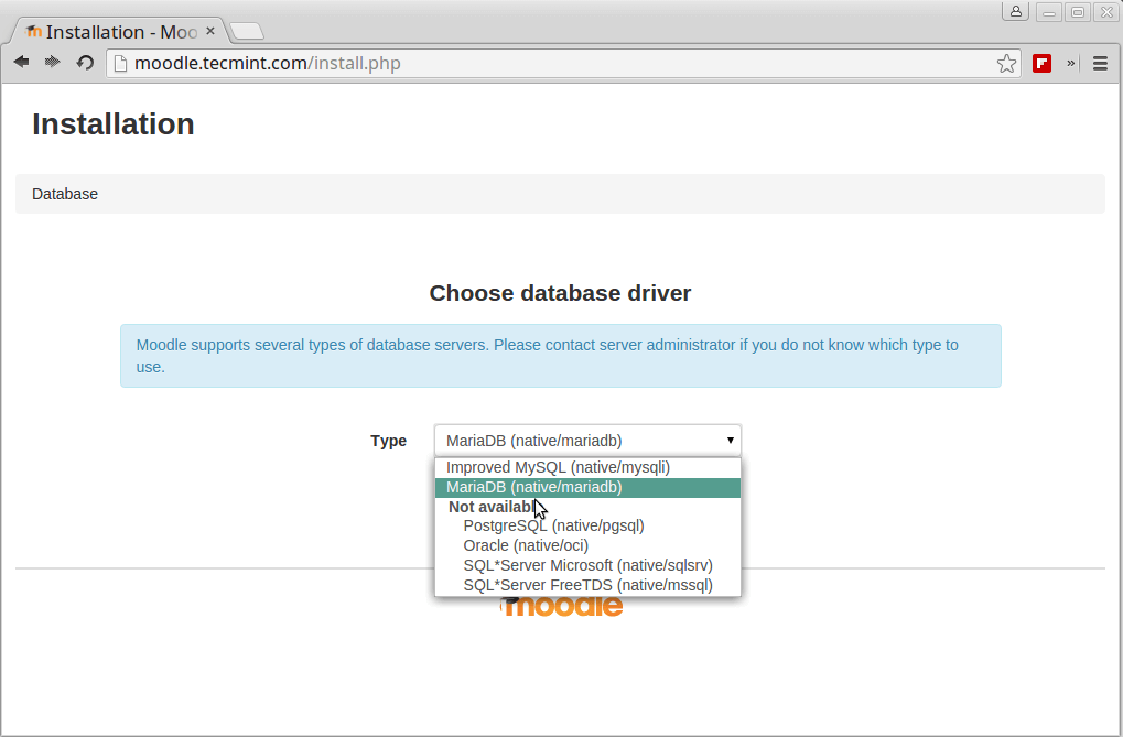 Seleccione el controlador de la base de datos de Moodle