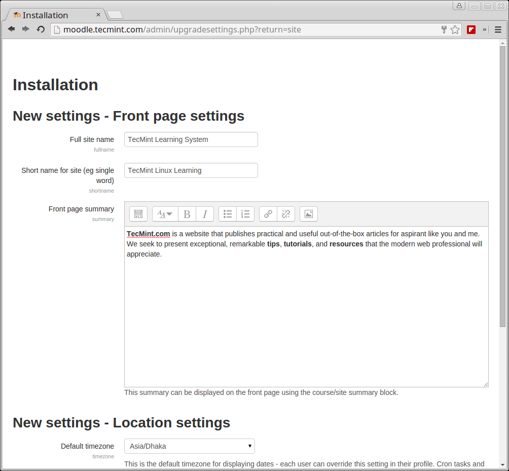 Configuración de la página de inicio de Moodle