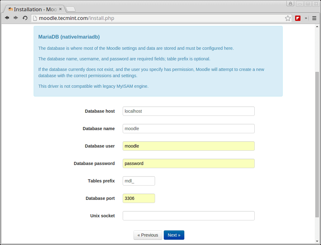 Configuración de la base de datos de Moodle