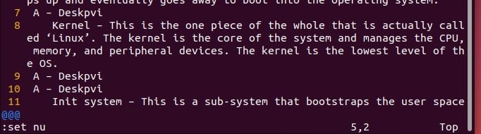 set-nu-comando en el editor vim