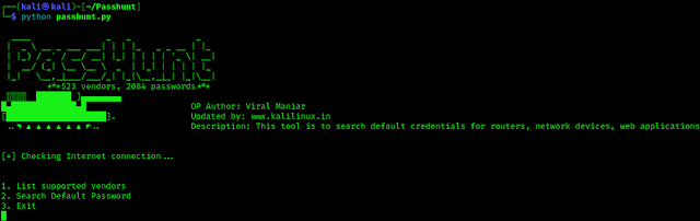Passhunt ejecutándose en Kali Linux
