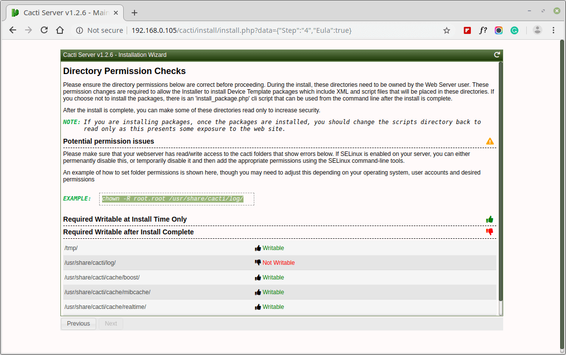 Verificación de permisos del directorio de cactus