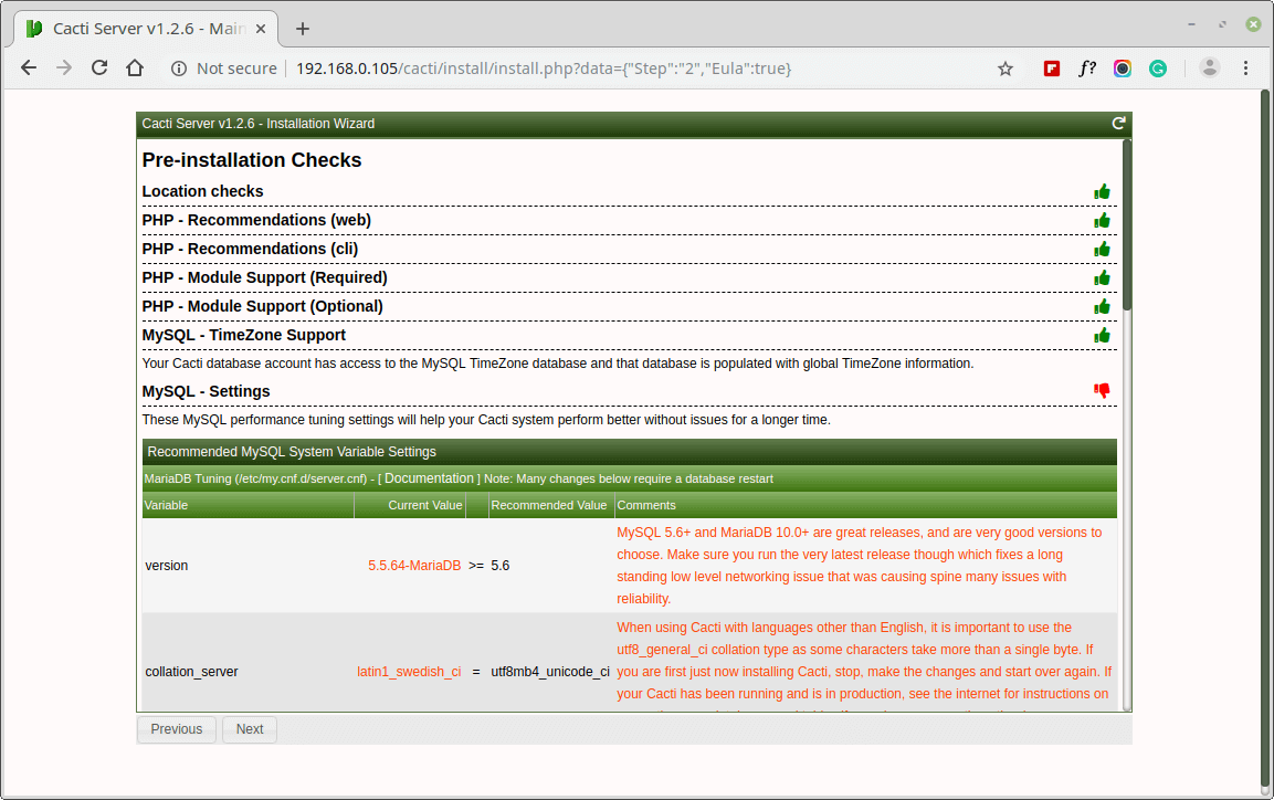 Comprobación previa a la instalación de Cacti MySQL