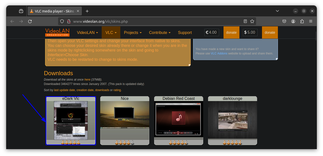 Haga clic en el tema eDark Vlc en la página oficial de descarga del tema.