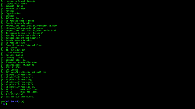 Resultados de la herramienta Mosint en Kali Linux para ID de correo electrónico