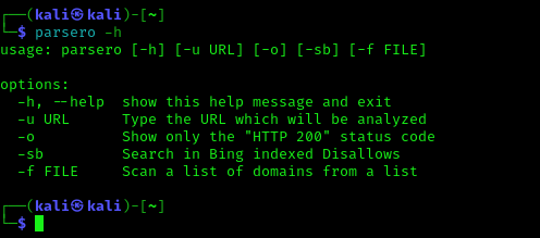 Opciones de descripción de Parsero en Kali Linux Opciones de descripción de Parsero en Kali Linux