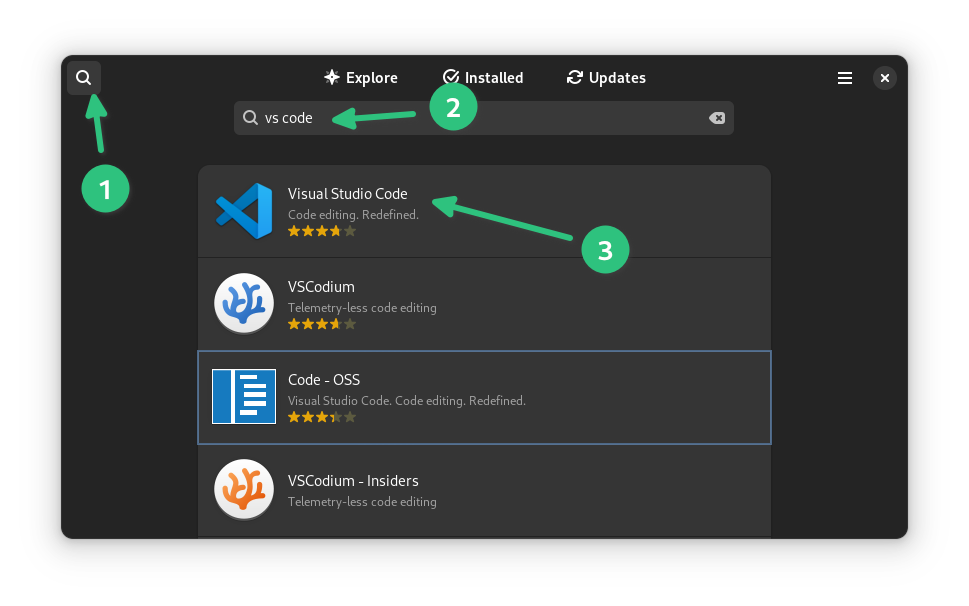 VS Code Flatpak se encuentra en el Centro de software de Fedora
