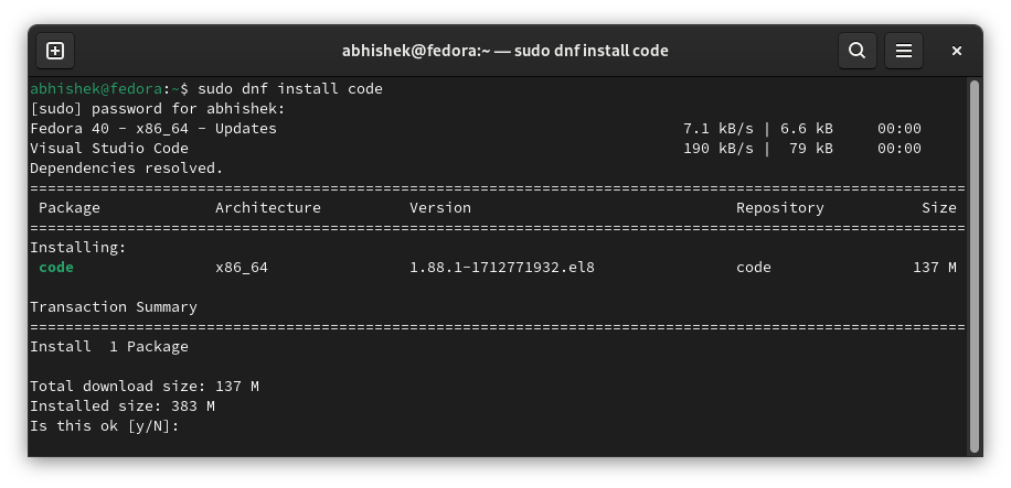 Instale VS Code como paquete RPM en Fedora