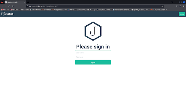 Panel de inicio de sesión web de GoPhish en Kali Linux