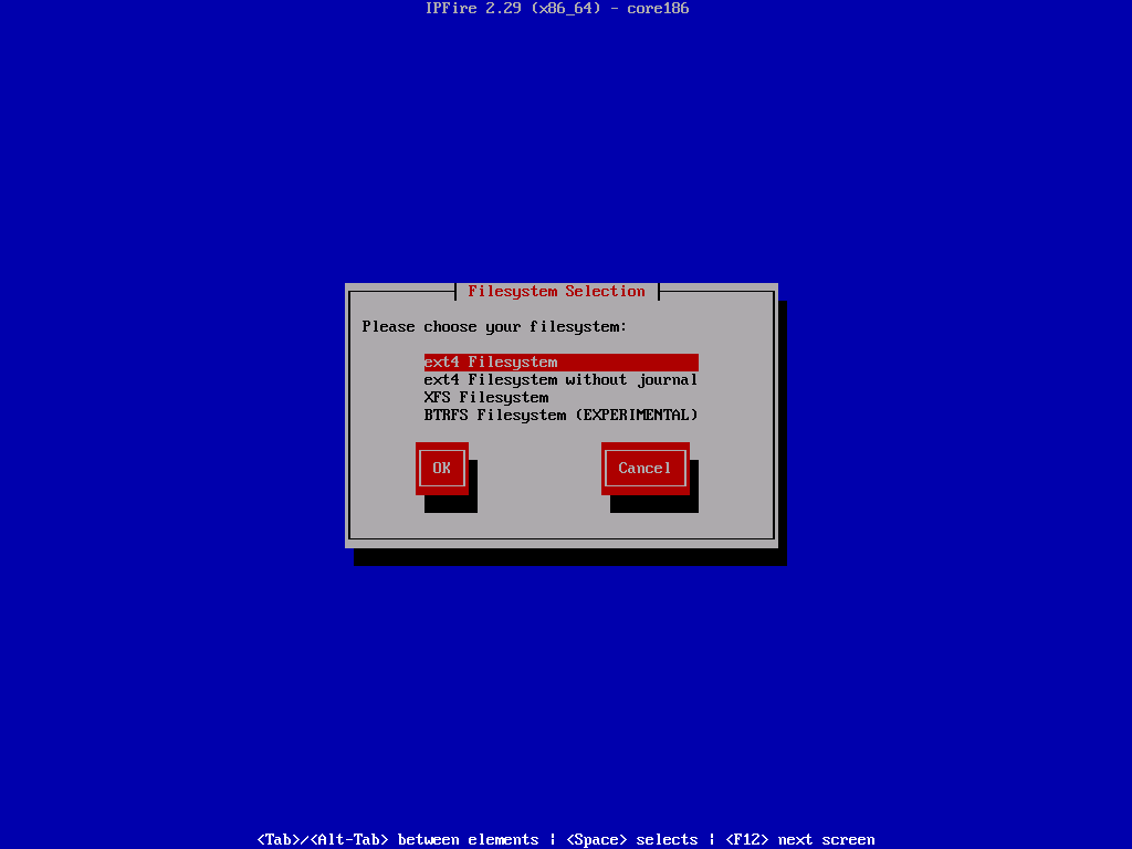Seleccione el sistema de archivos IPFire